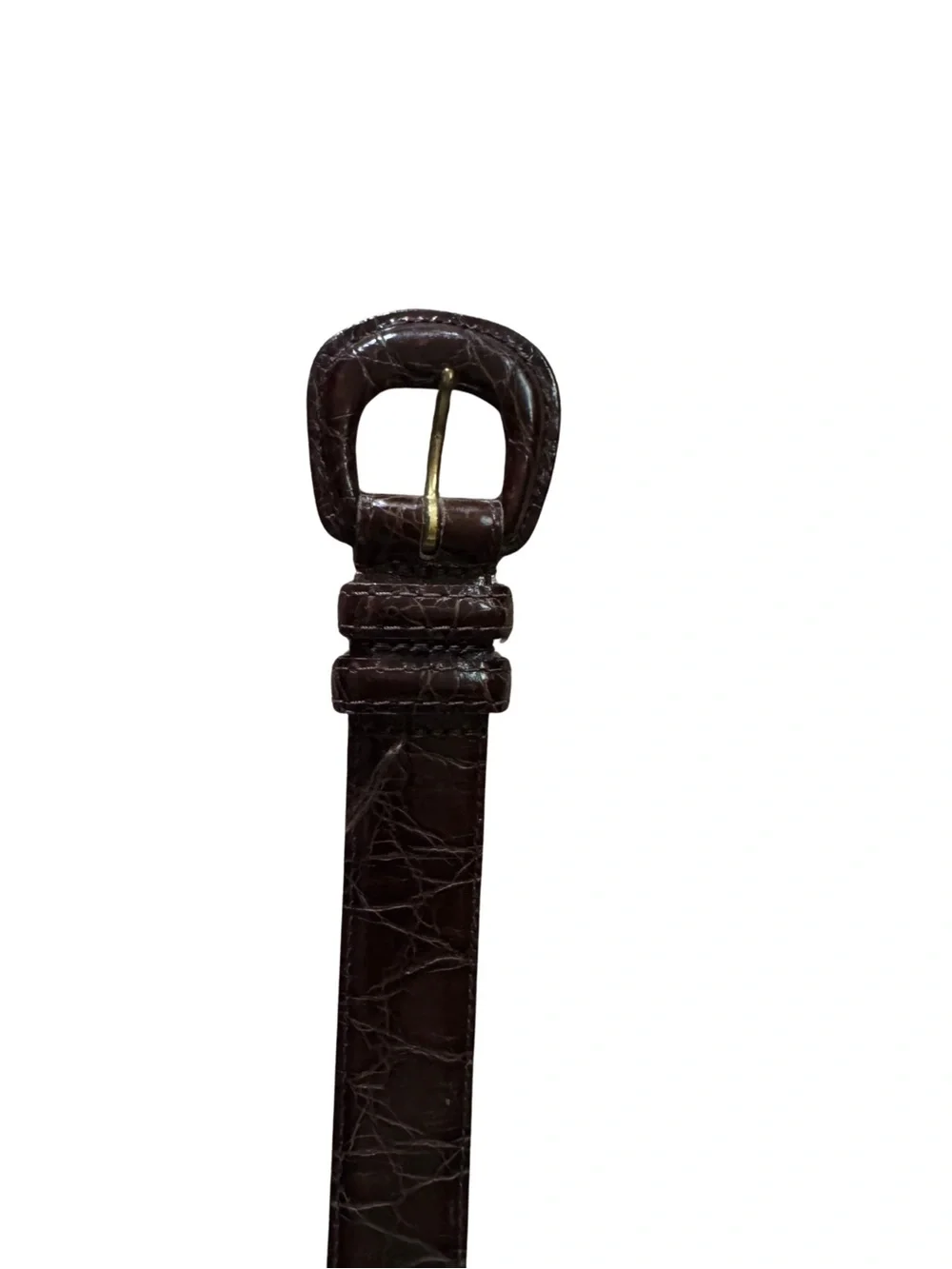 Women's Brown Croc-Embossed Leather Belt with Gold Buckle